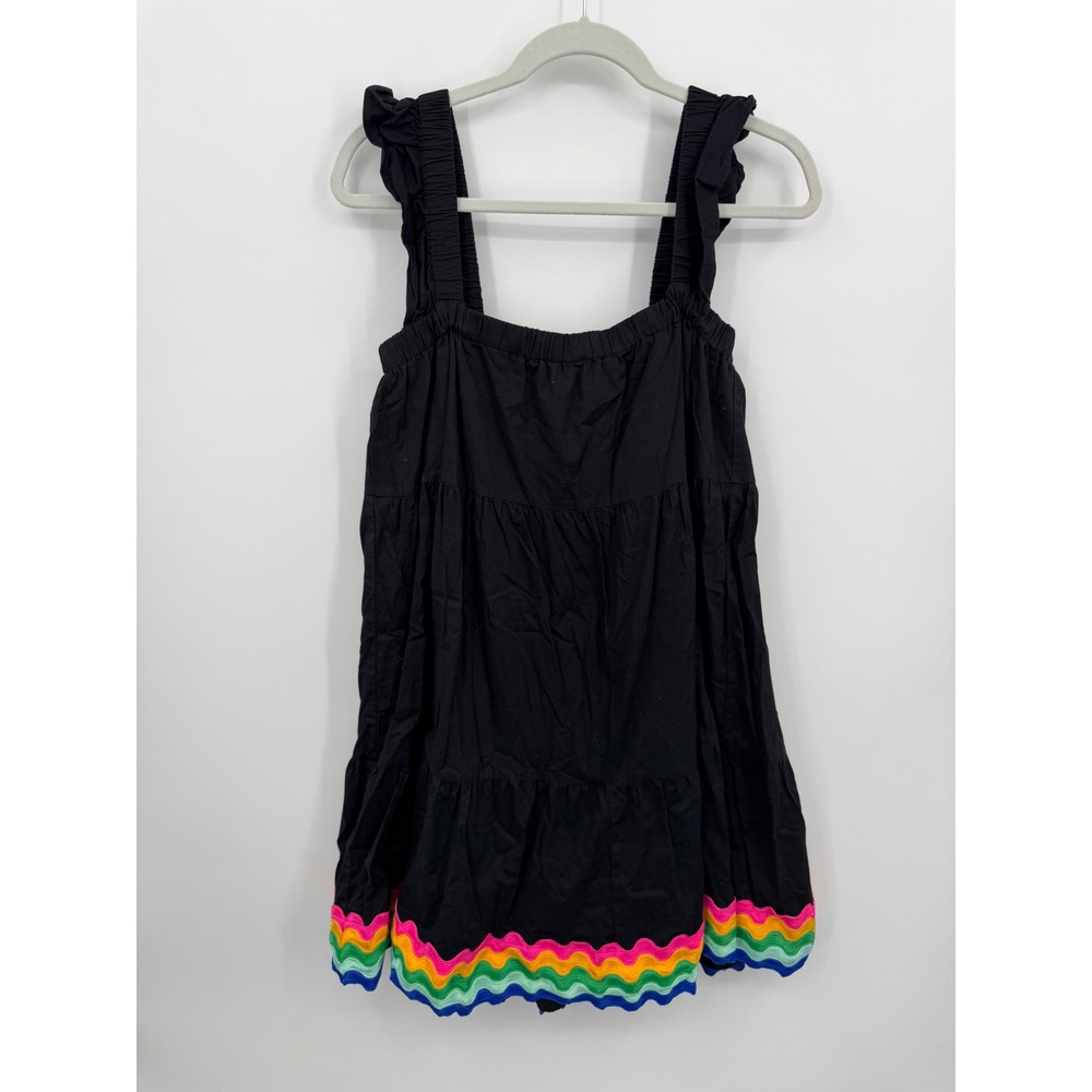 Crown & Ivy Rainbow babydoll Ric‎ Rac Tiered Dress sz M Black Ruffle Strap Boho